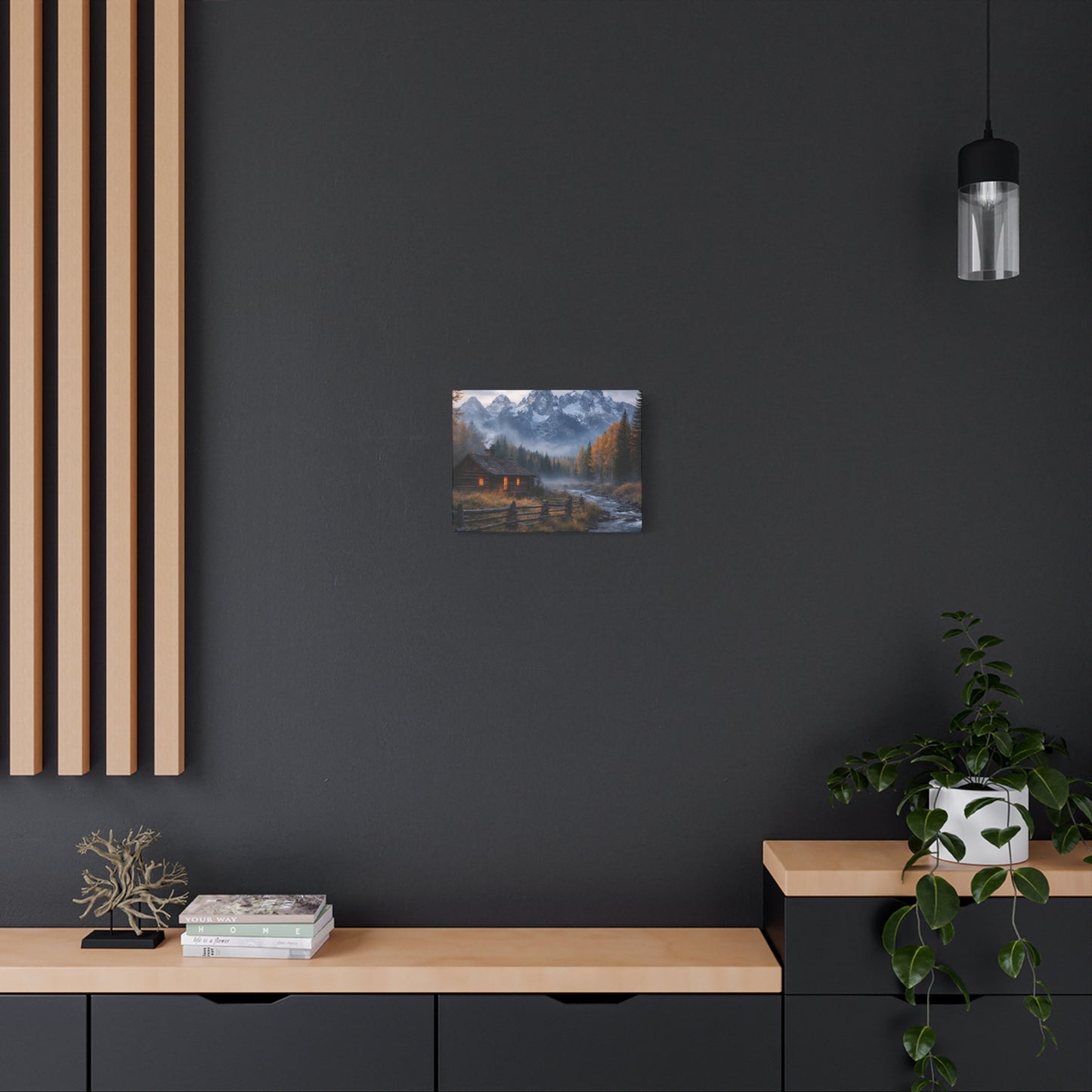 Mountain Cabin Canvas Print — Cozy Rustic Landscape Wall Art, Stretched Matte 1.25"