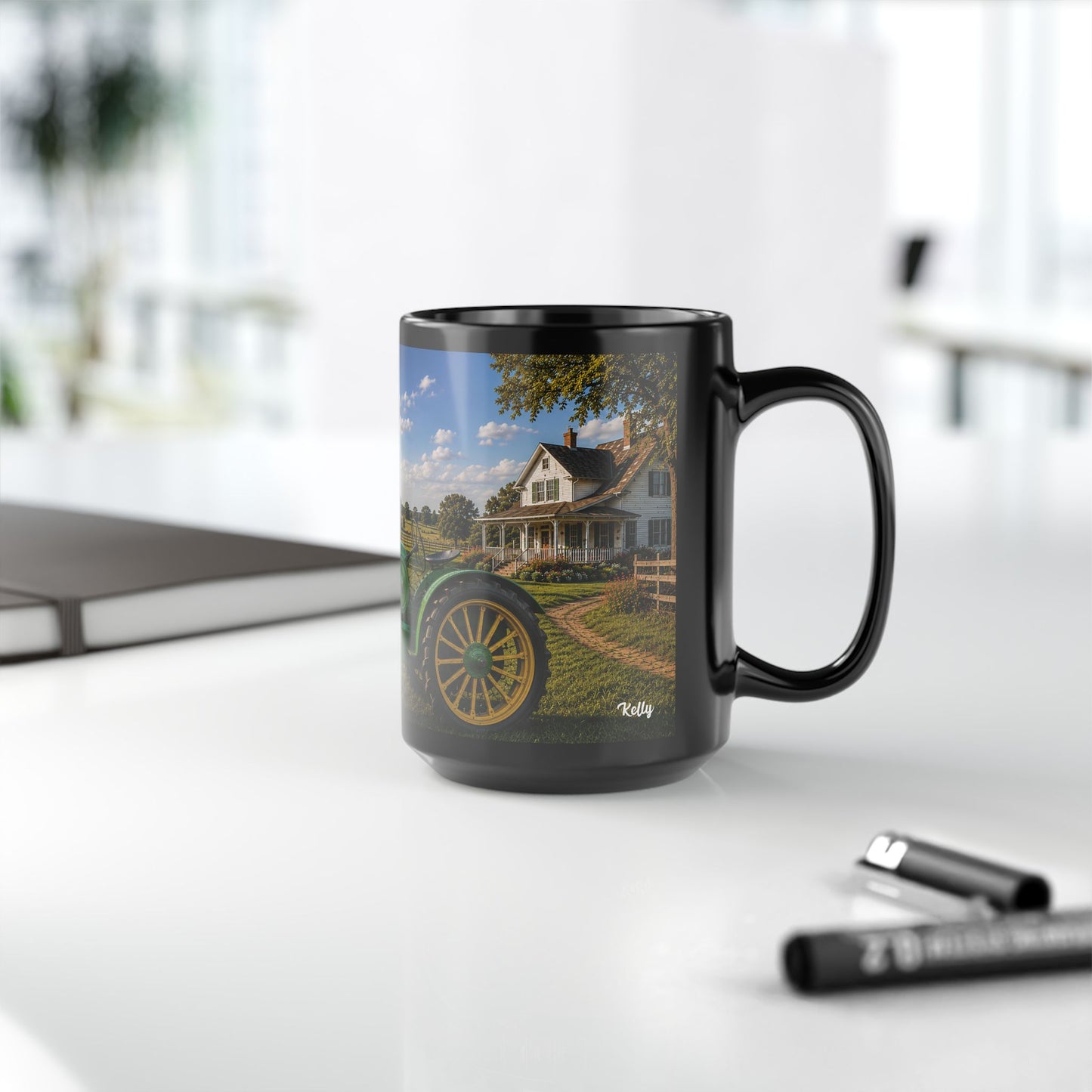 Vintage Tractor Farm Scene Ceramic 15oz Black Coffee Mug