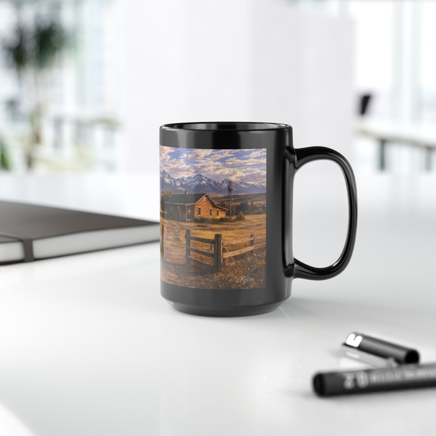 Rustic Mountain Farm Scene Coffee Mug — Vintage Tractor & Farm House Black Ceramic Mug (15oz)