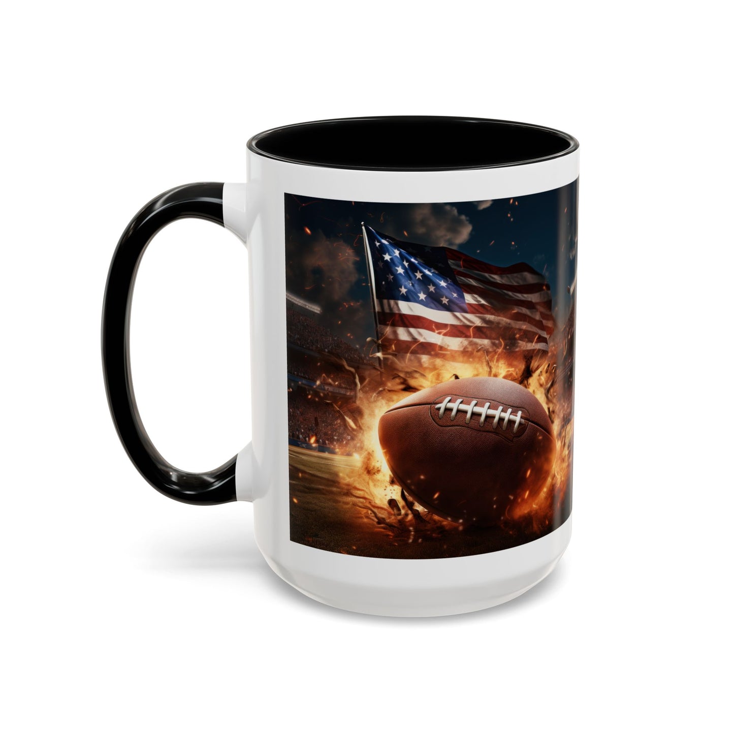 American Football Coffee Mug – Patriotic Flag & Fiery Football Accent Mug (15oz)