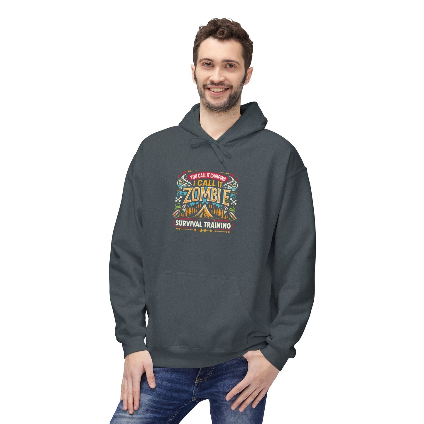Zombie Survival Training Hoodie — Retro Tropical Camping Graphic
