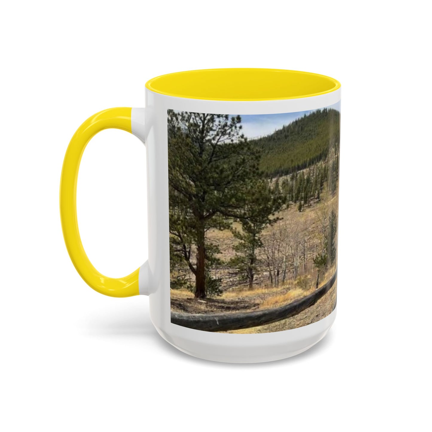 Empire Colorado Mountains Accent Coffee Mug — Scenic Pine Forest & Rustic Fence 11oz/15oz