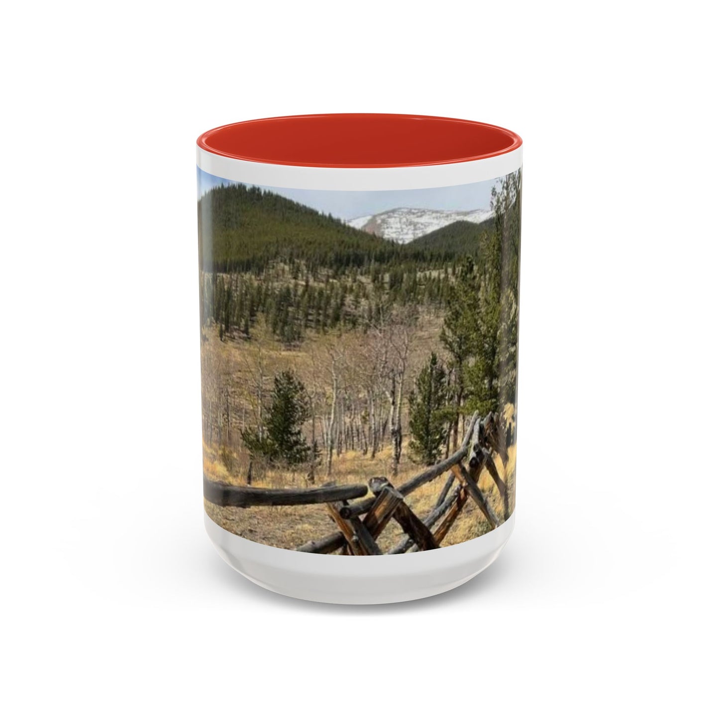 Empire Colorado Mountains Accent Coffee Mug — Scenic Pine Forest & Rustic Fence 11oz/15oz