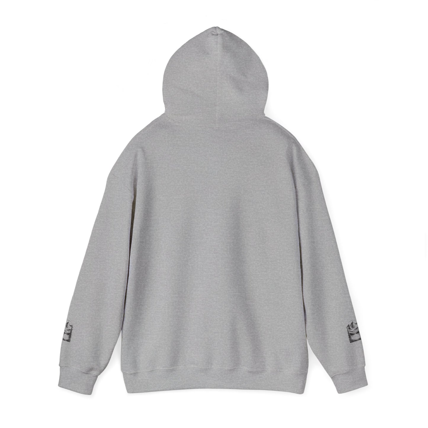 Minimalist 'Mountain Scene Sketch' Hoodie — Small Chest & Sleeve Sketch Print