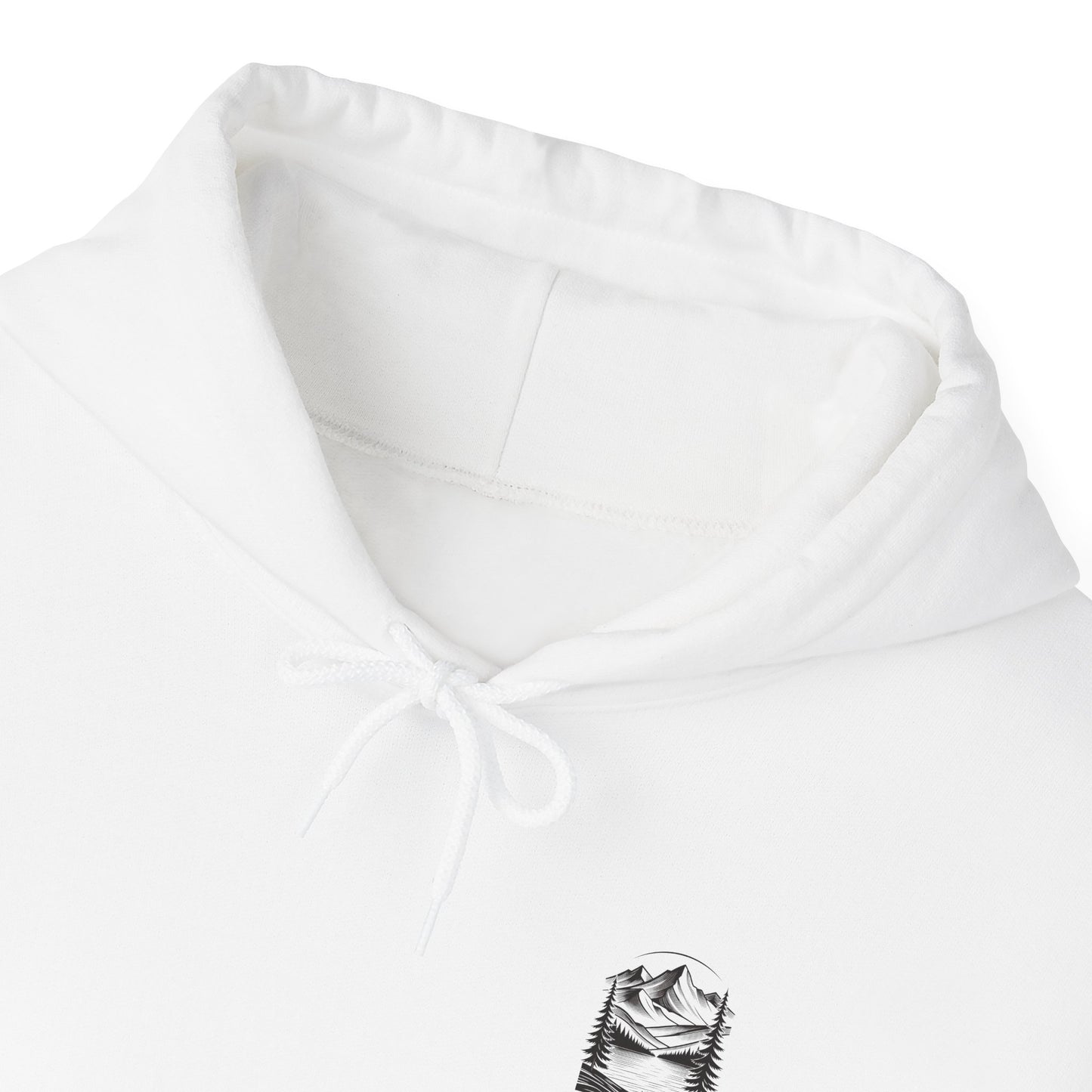 Minimalist 'Mountain Scene Sketch' Hoodie — Small Chest & Sleeve Sketch Print