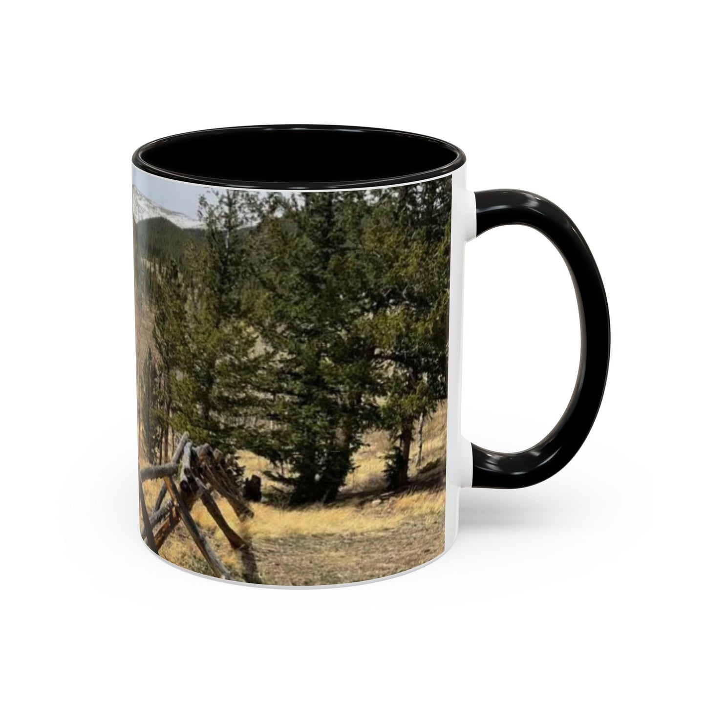 Empire Colorado Mountains Accent Coffee Mug — Scenic Pine Forest & Rustic Fence 11oz/15oz