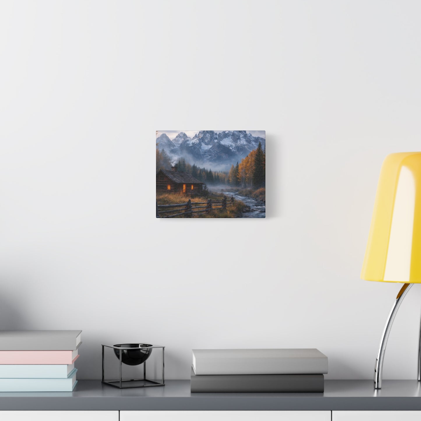 Mountain Cabin Canvas Print — Cozy Rustic Landscape Wall Art, Stretched Matte 1.25"