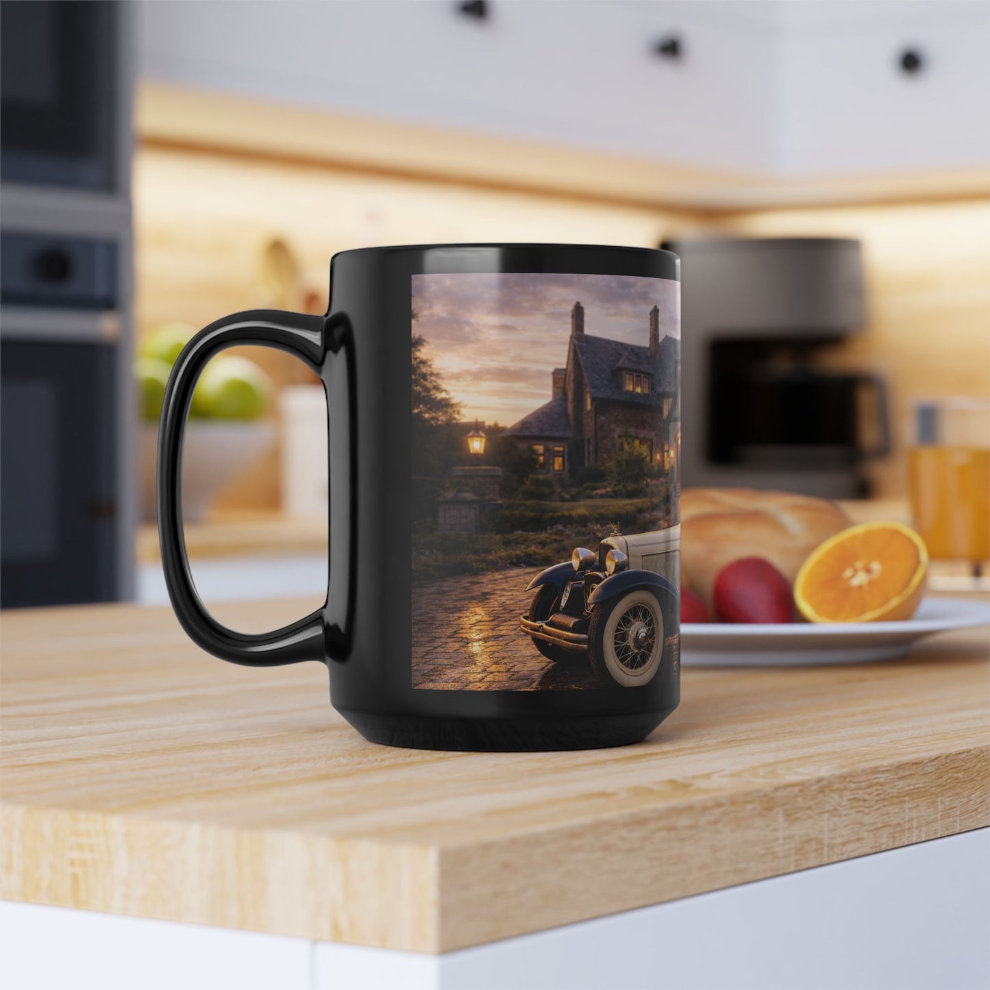Vintage Convertible Car Scene 15oz Black Mug — Classic Car & Cozy Mansion Coffee Cup