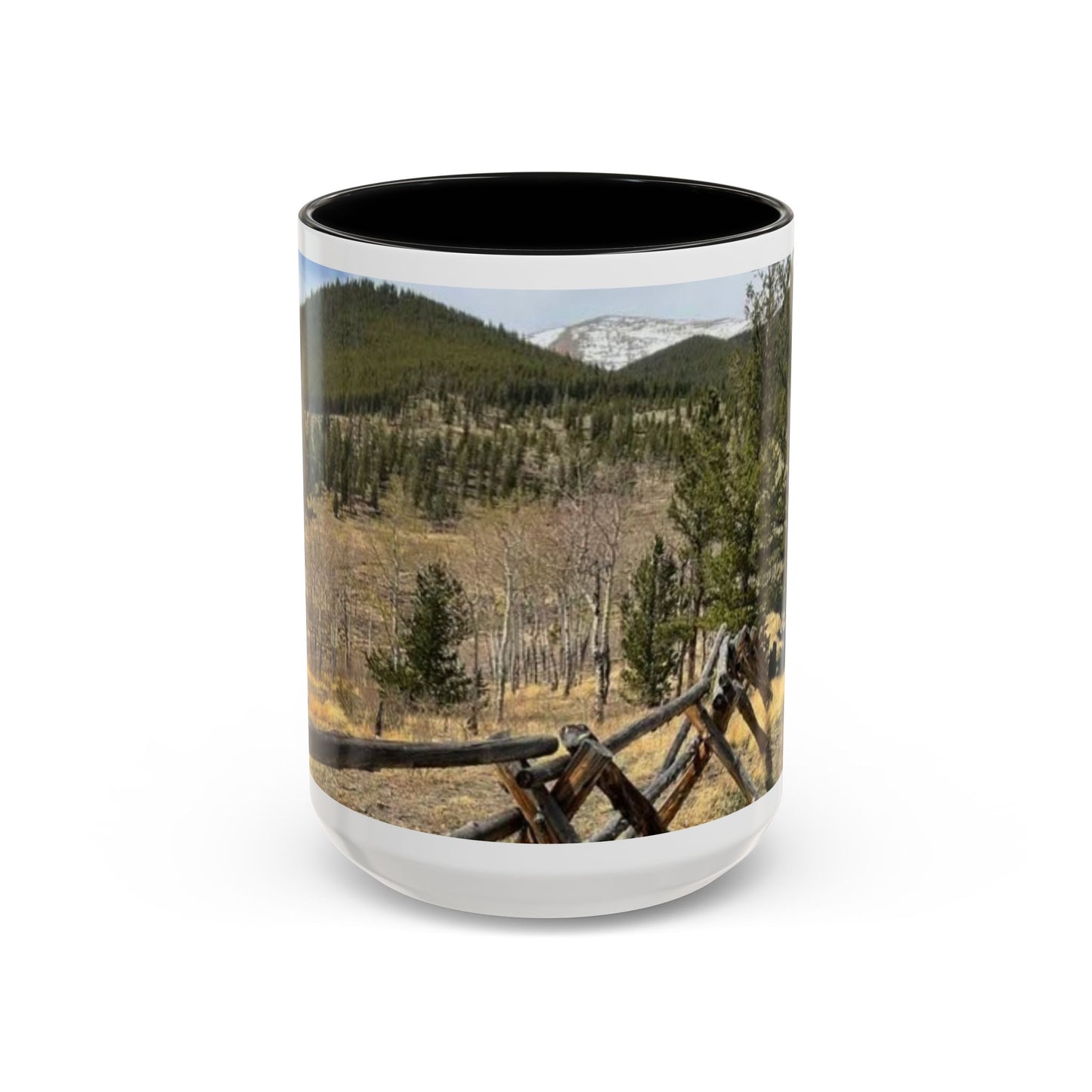 Empire Colorado Mountains Accent Coffee Mug — Scenic Pine Forest & Rustic Fence 11oz/15oz