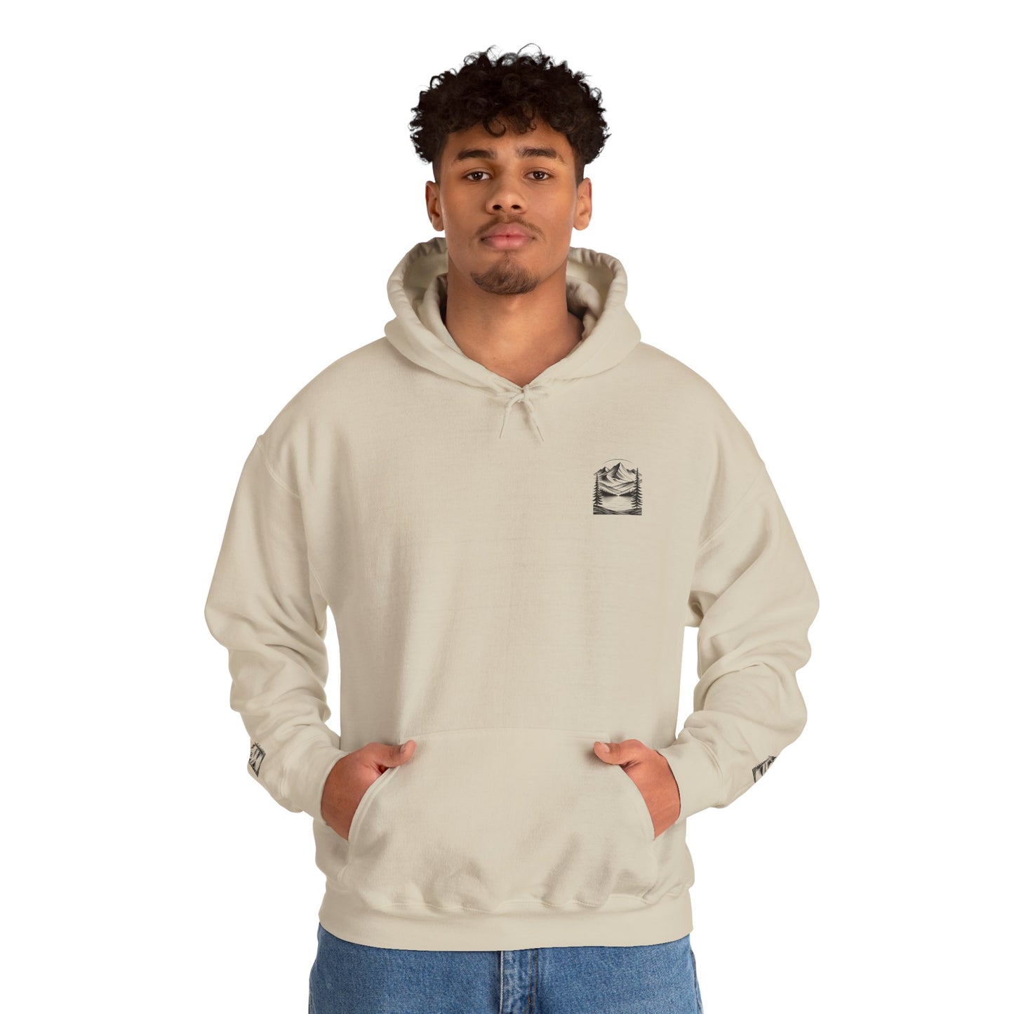 Minimalist 'Mountain Scene Sketch' Hoodie — Small Chest & Sleeve Sketch Print