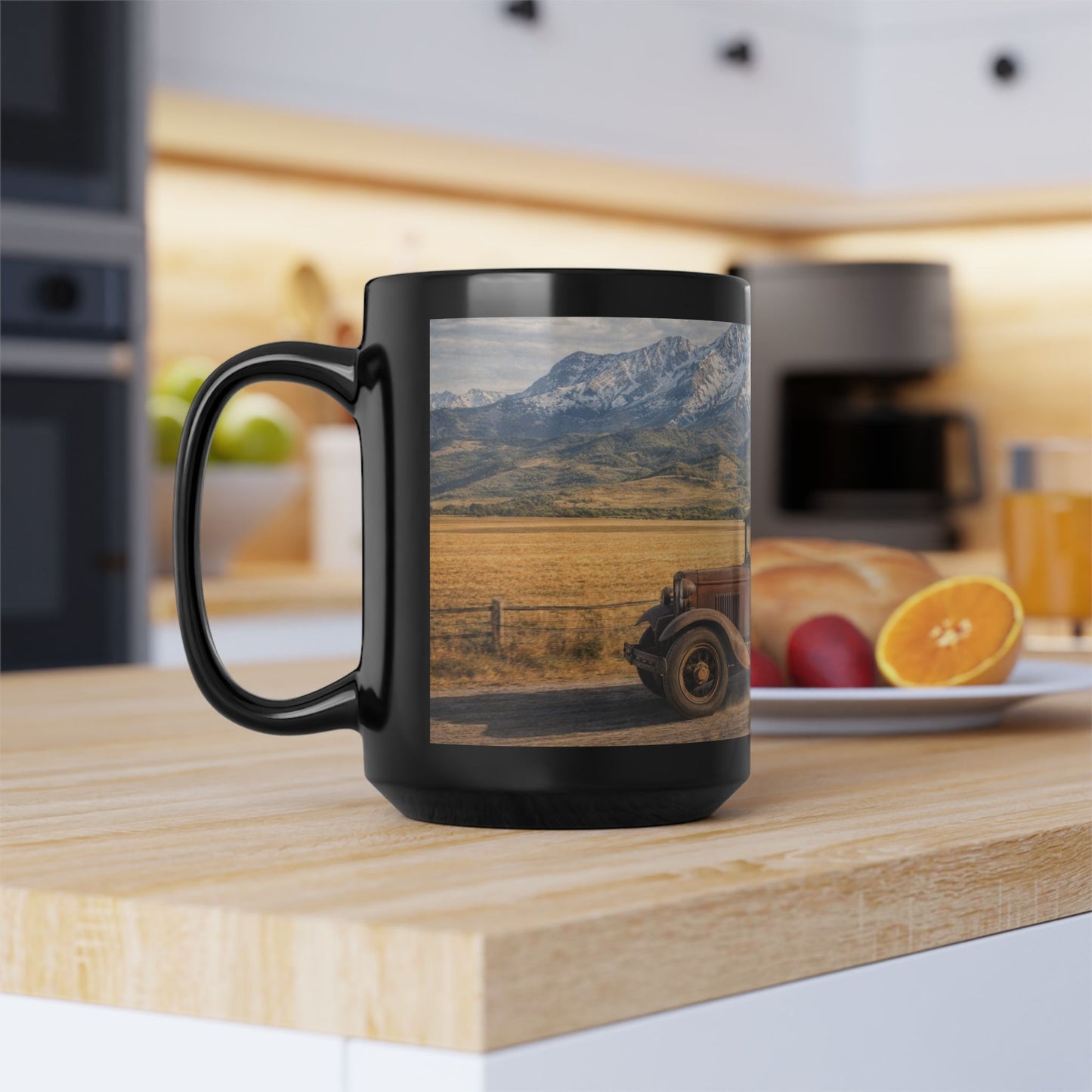 Vintage Pickup Truck Scenic Black Mug — Rustic Mountain Road Coffee Cup (15oz)