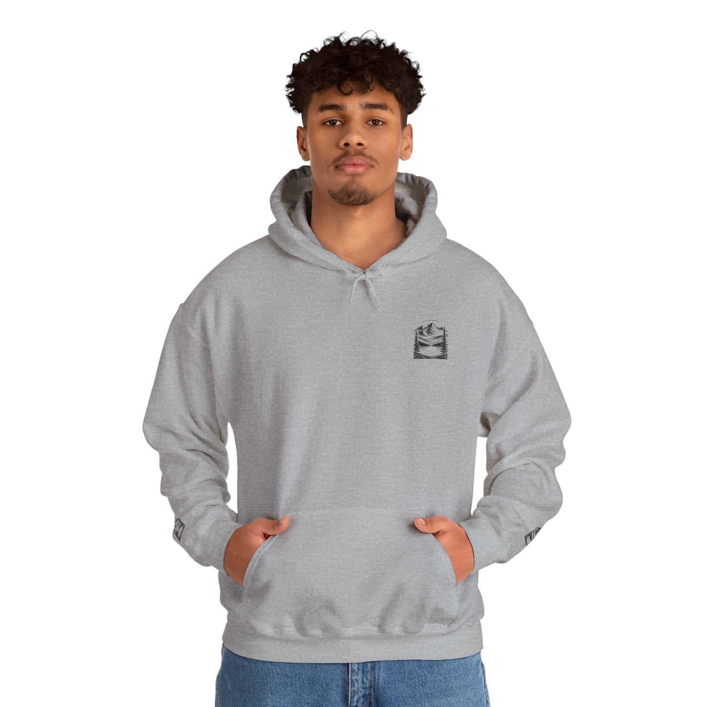 Minimalist 'Mountain Scene Sketch' Hoodie — Small Chest & Sleeve Sketch Print