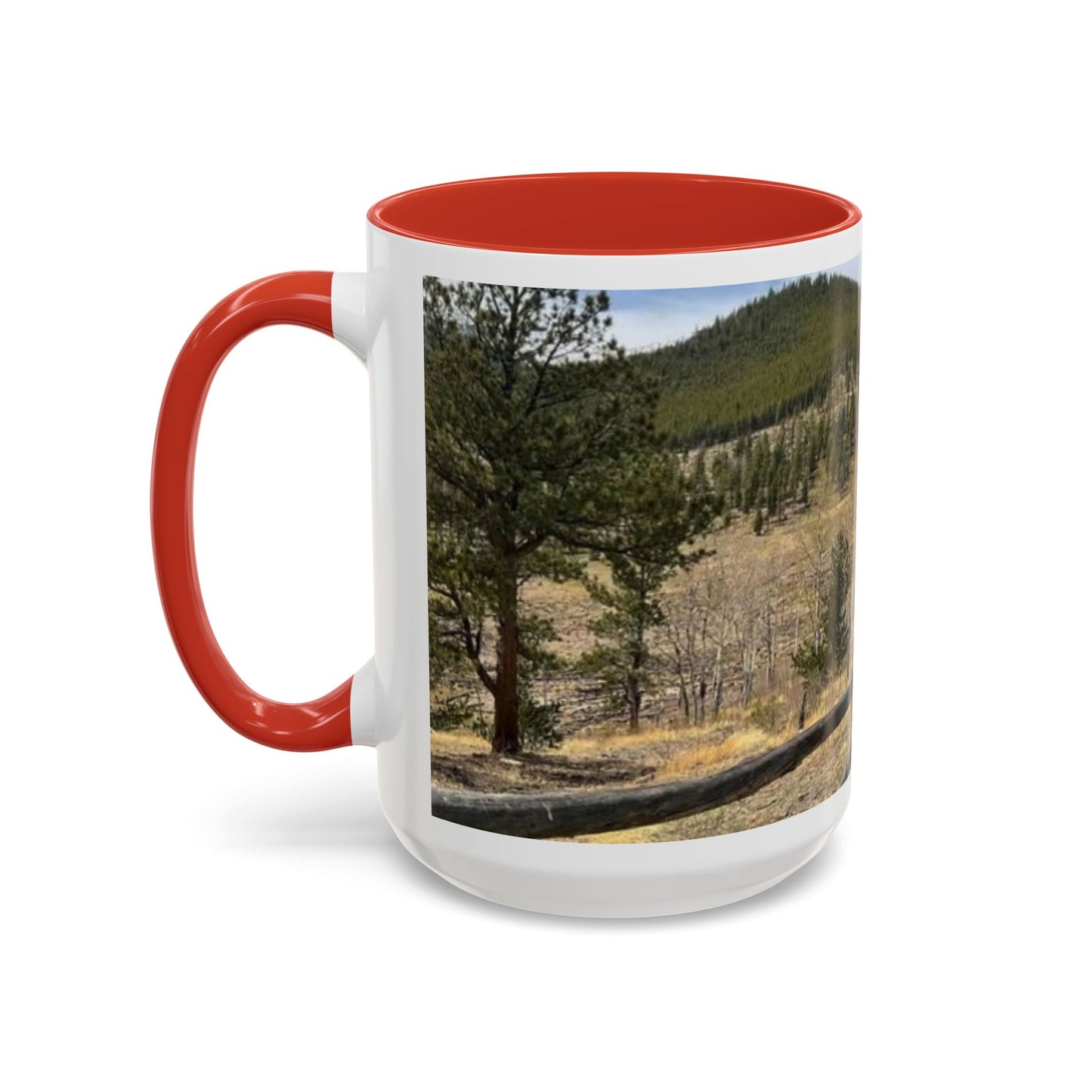 Empire Colorado Mountains Accent Coffee Mug — Scenic Pine Forest & Rustic Fence 11oz/15oz