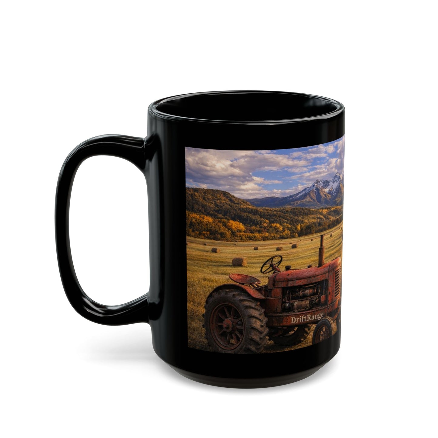 Rustic Mountain Farm Scene Coffee Mug — Vintage Tractor & Farm House Black Ceramic Mug (15oz)