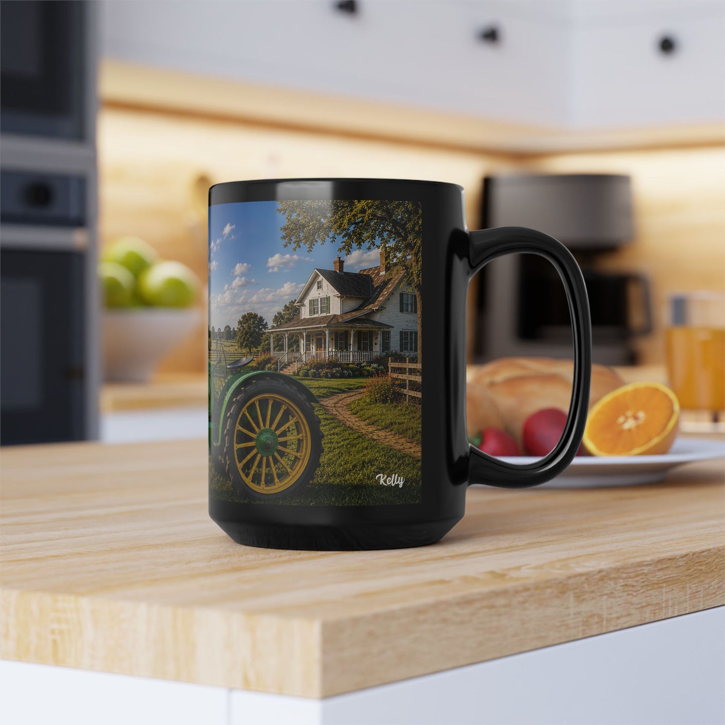 Vintage Tractor Farm Scene Ceramic 15oz Black Coffee Mug