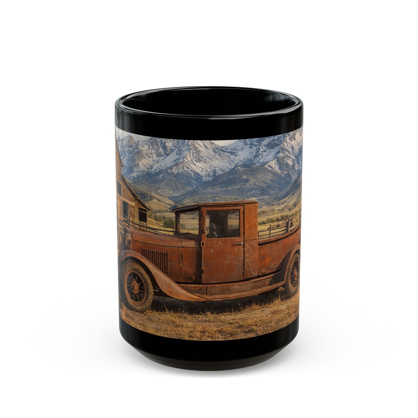 Vintage Truck Mountain Landscape Coffee Mug — Rustic Farmhouse Black Mug (15oz)