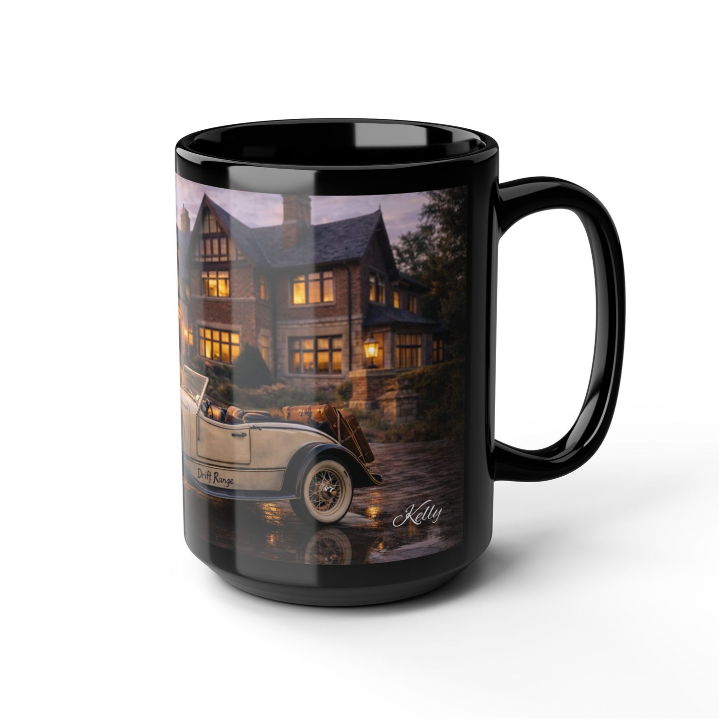 Vintage Convertible Car Scene 15oz Black Mug — Classic Car & Cozy Mansion Coffee Cup