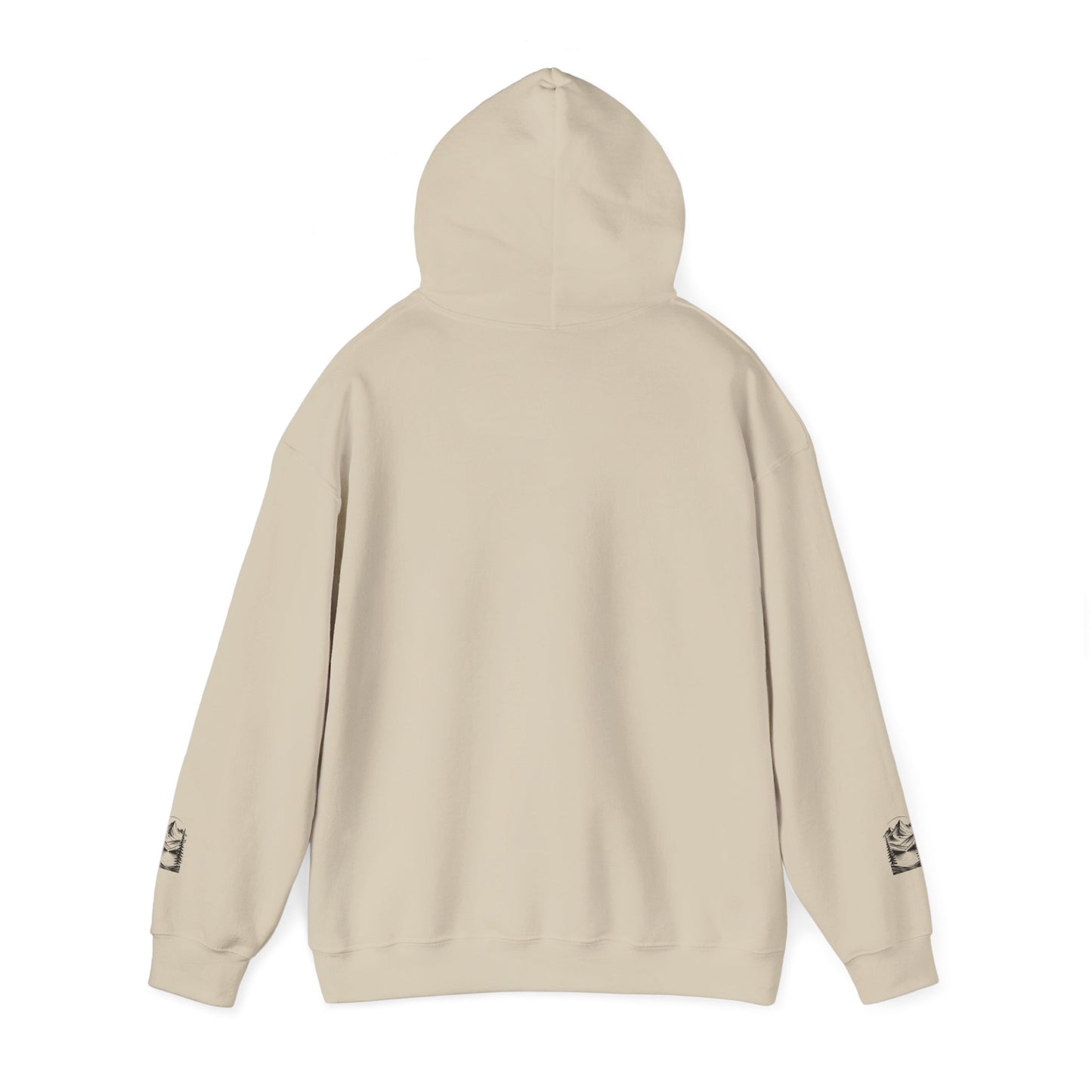 Minimalist 'Mountain Scene Sketch' Hoodie — Small Chest & Sleeve Sketch Print