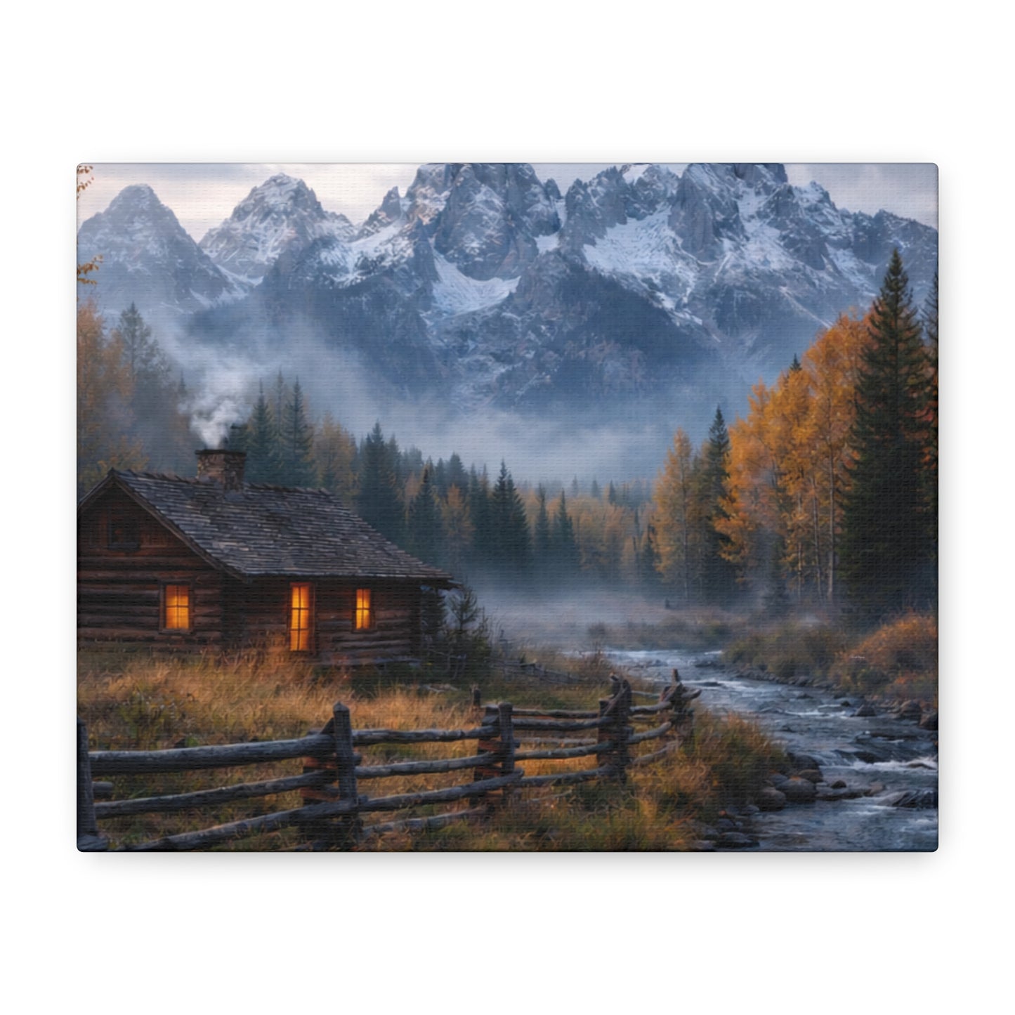 Mountain Cabin Canvas Print — Cozy Rustic Landscape Wall Art, Stretched Matte 1.25"