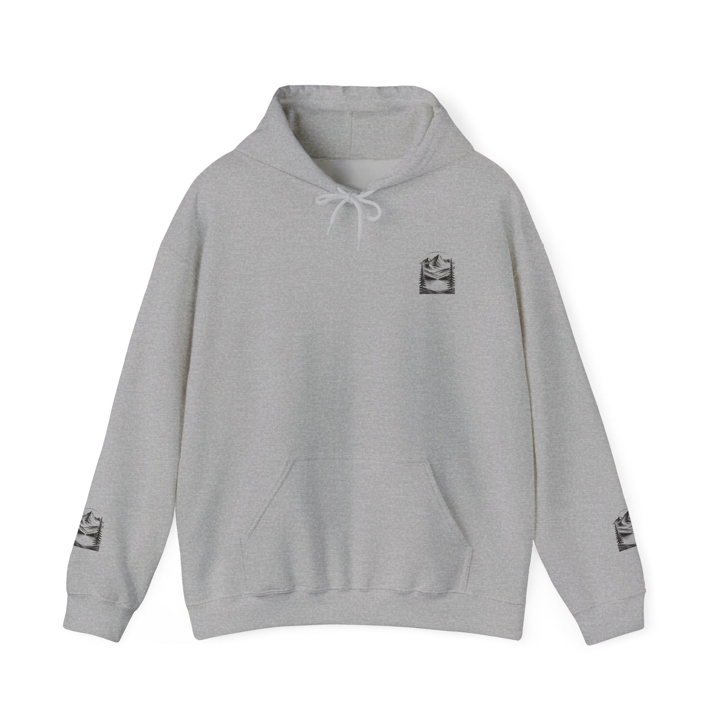 Minimalist 'Mountain Scene Sketch' Hoodie — Small Chest & Sleeve Sketch Print