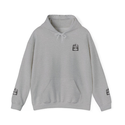 Minimalist 'Mountain Scene Sketch' Hoodie — Small Chest & Sleeve Sketch Print