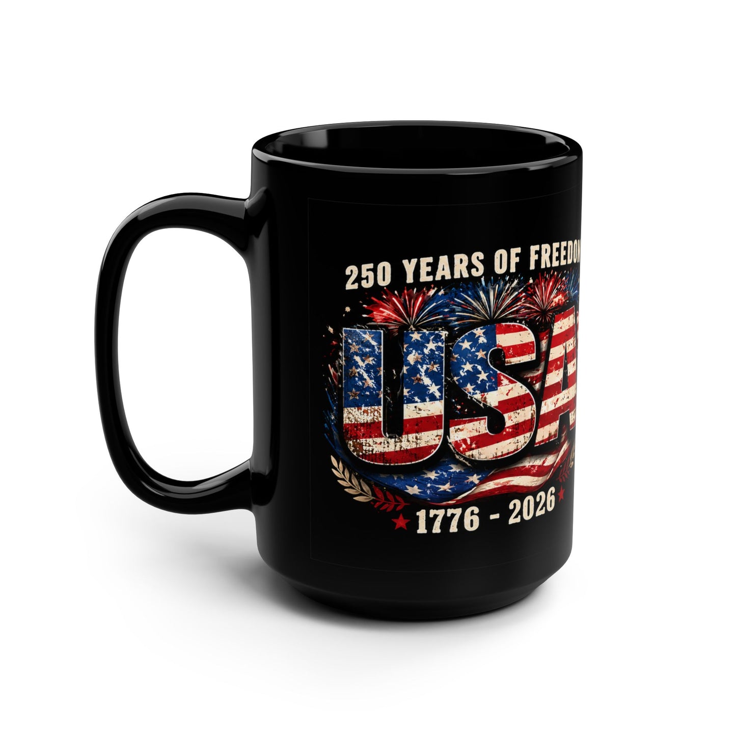 USA 250 Years Freedom Black Mug — 1776–2026 Patriotic Coffee Cup