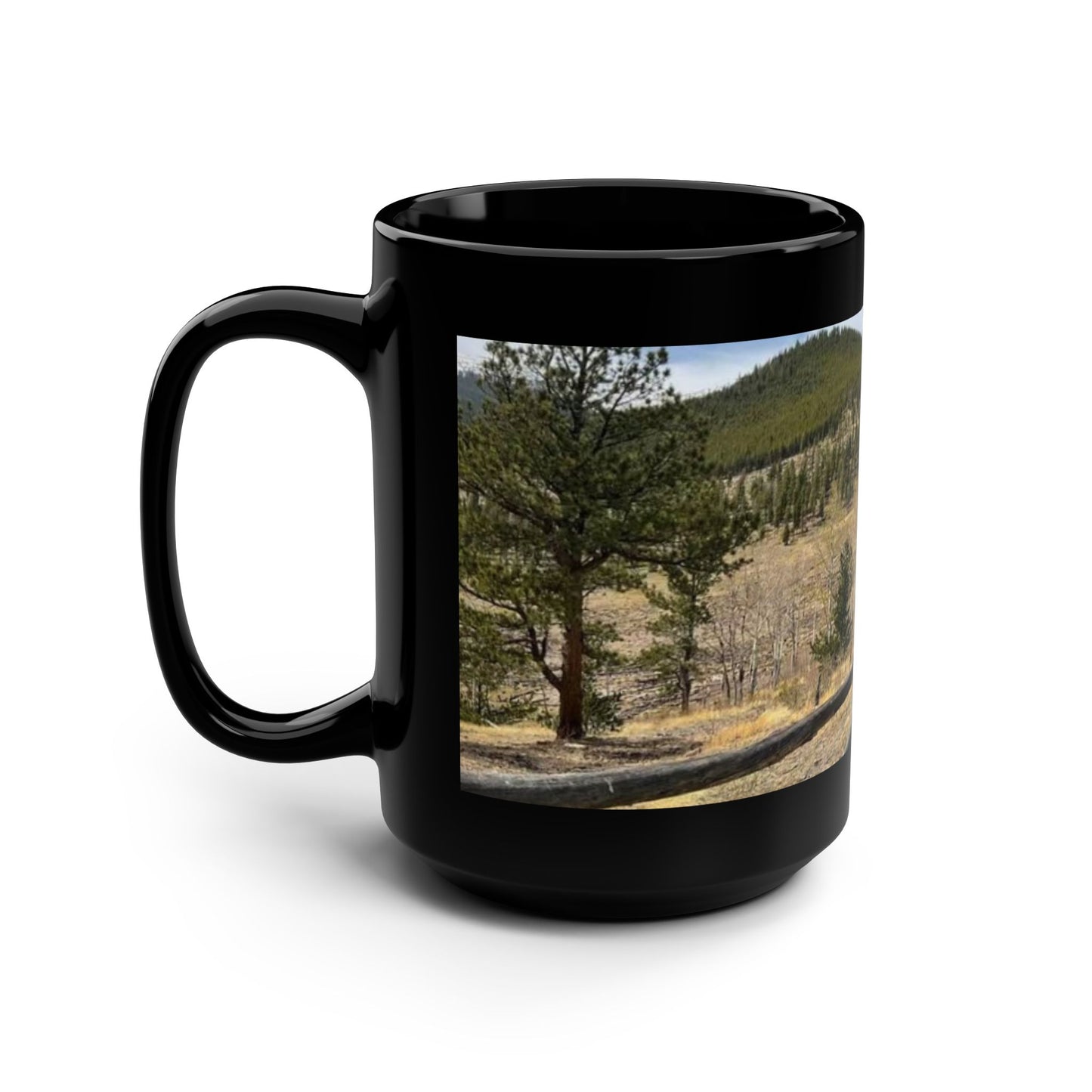 North Empire Colorado Photography  Black Coffee Mug — Scenic Fence & Pine Tree 15oz
