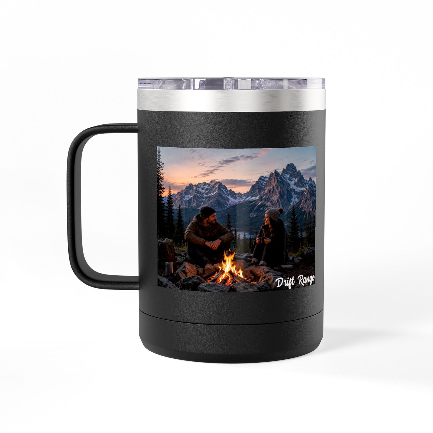 Campfire Mountain Travel Mug — 'Drift Range' 15oz Insulated Coffee Tumbler