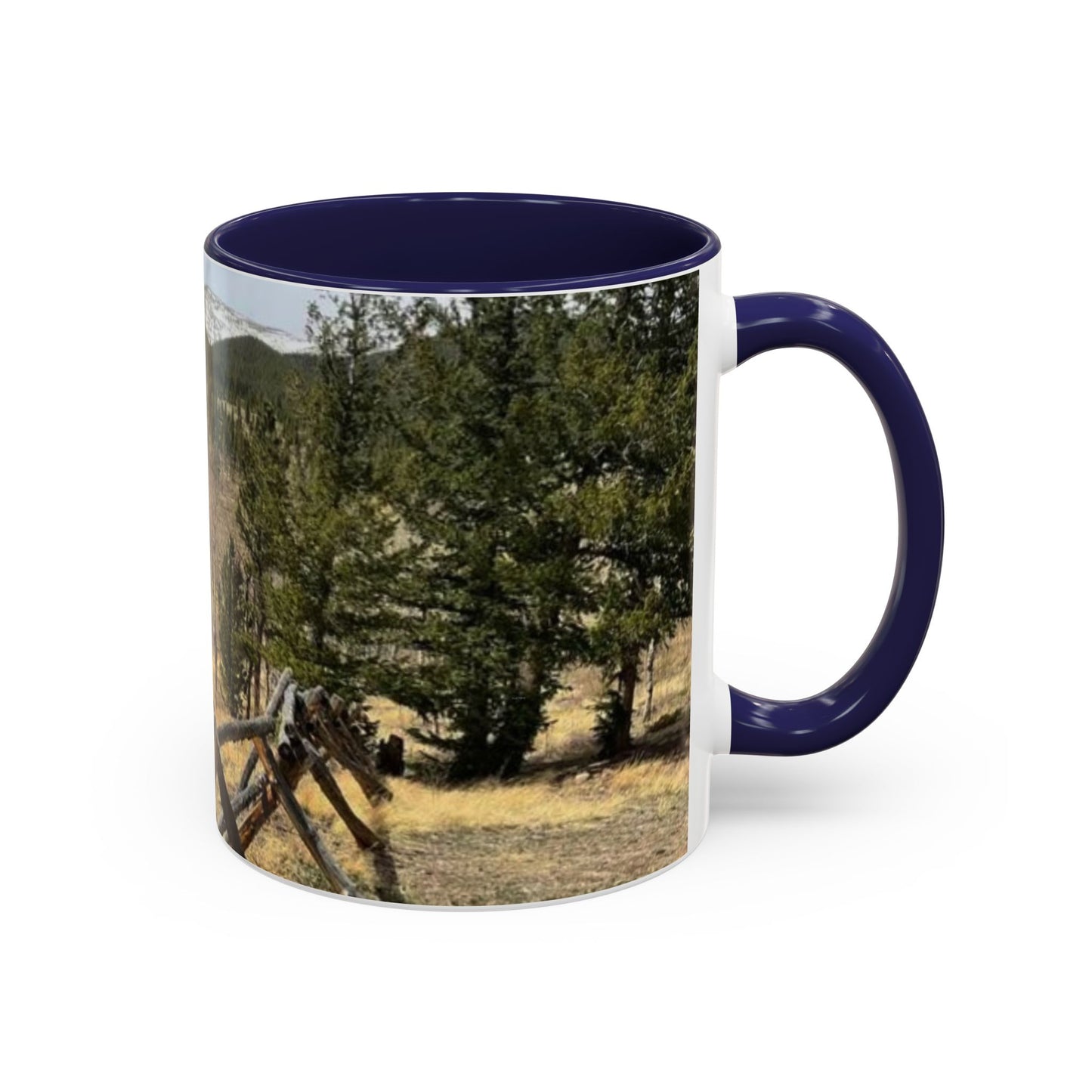 Empire Colorado Mountains Accent Coffee Mug — Scenic Pine Forest & Rustic Fence 11oz/15oz