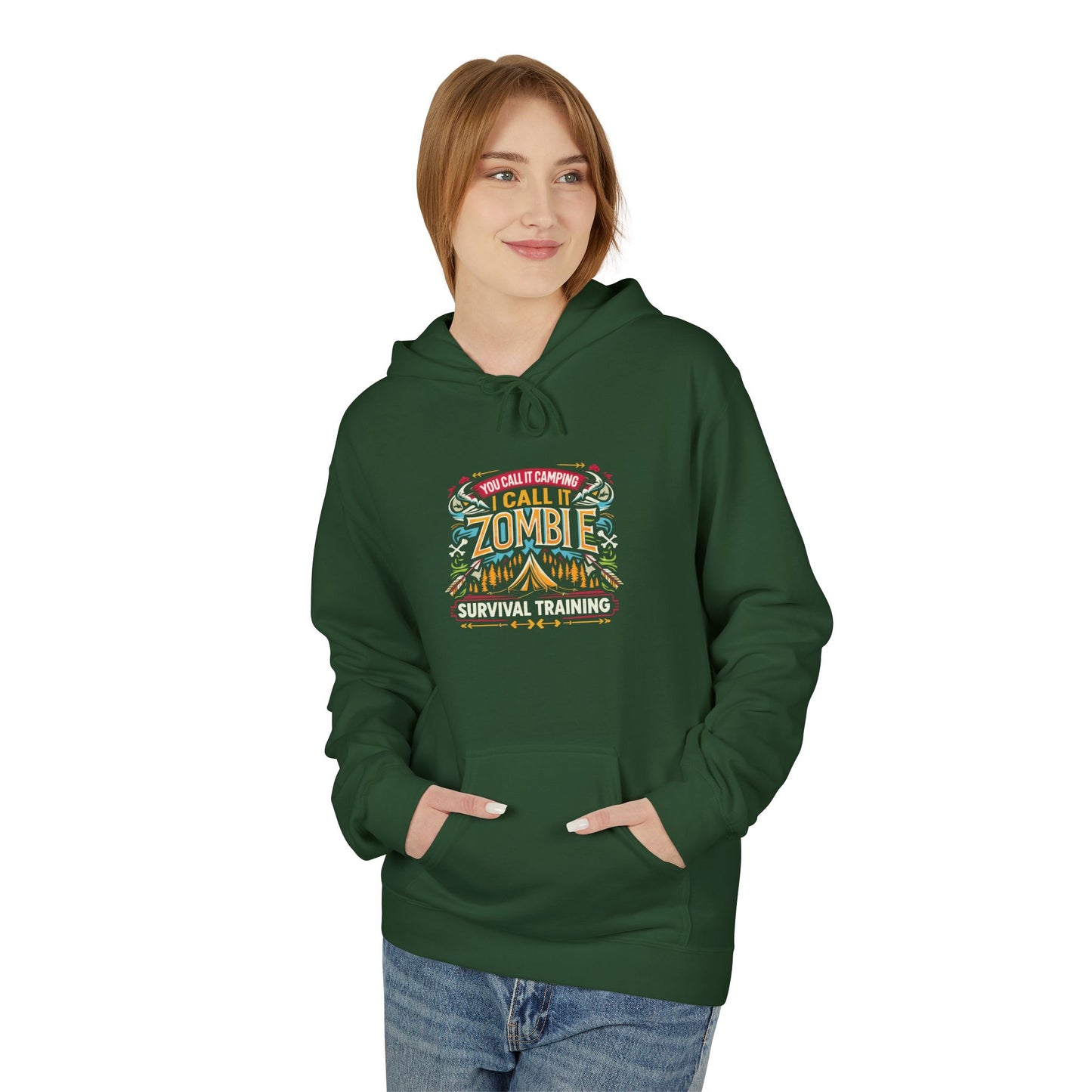 Zombie Survival Training Hoodie — Retro Tropical Camping Graphic