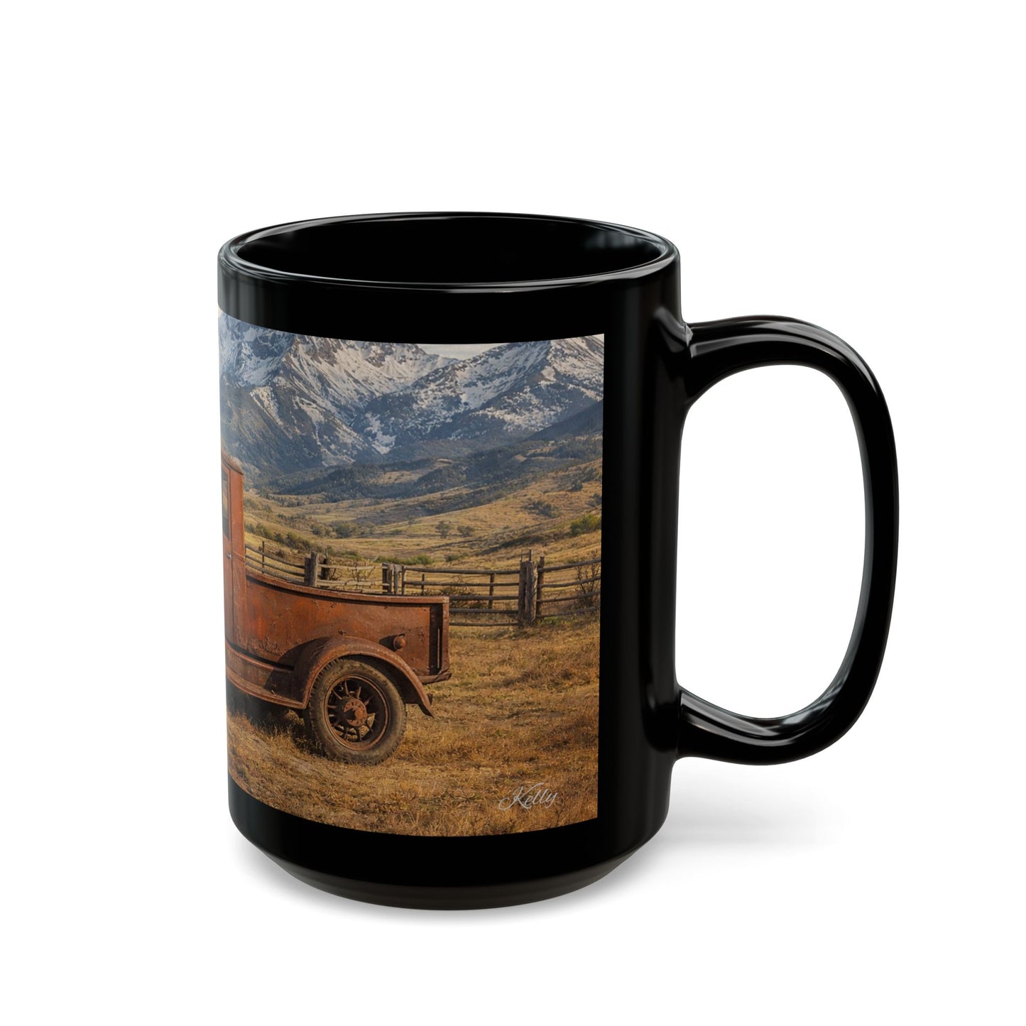 Vintage Truck Mountain Landscape Coffee Mug — Rustic Farmhouse Black Mug (15oz)
