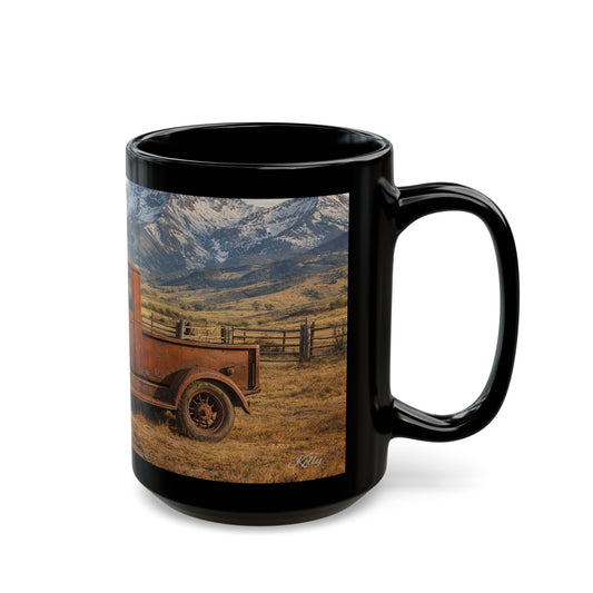 Vintage Truck Mountain Landscape Coffee Mug — Rustic Farmhouse Black Mug (15oz)