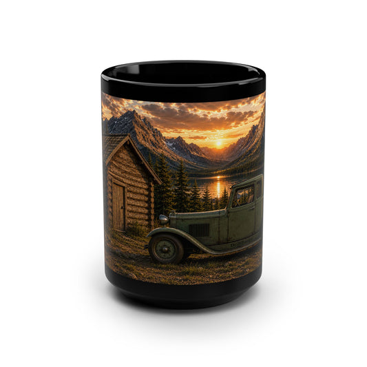 Vintage Cabin and Truck Sunset Mug — 15oz Black Ceramic