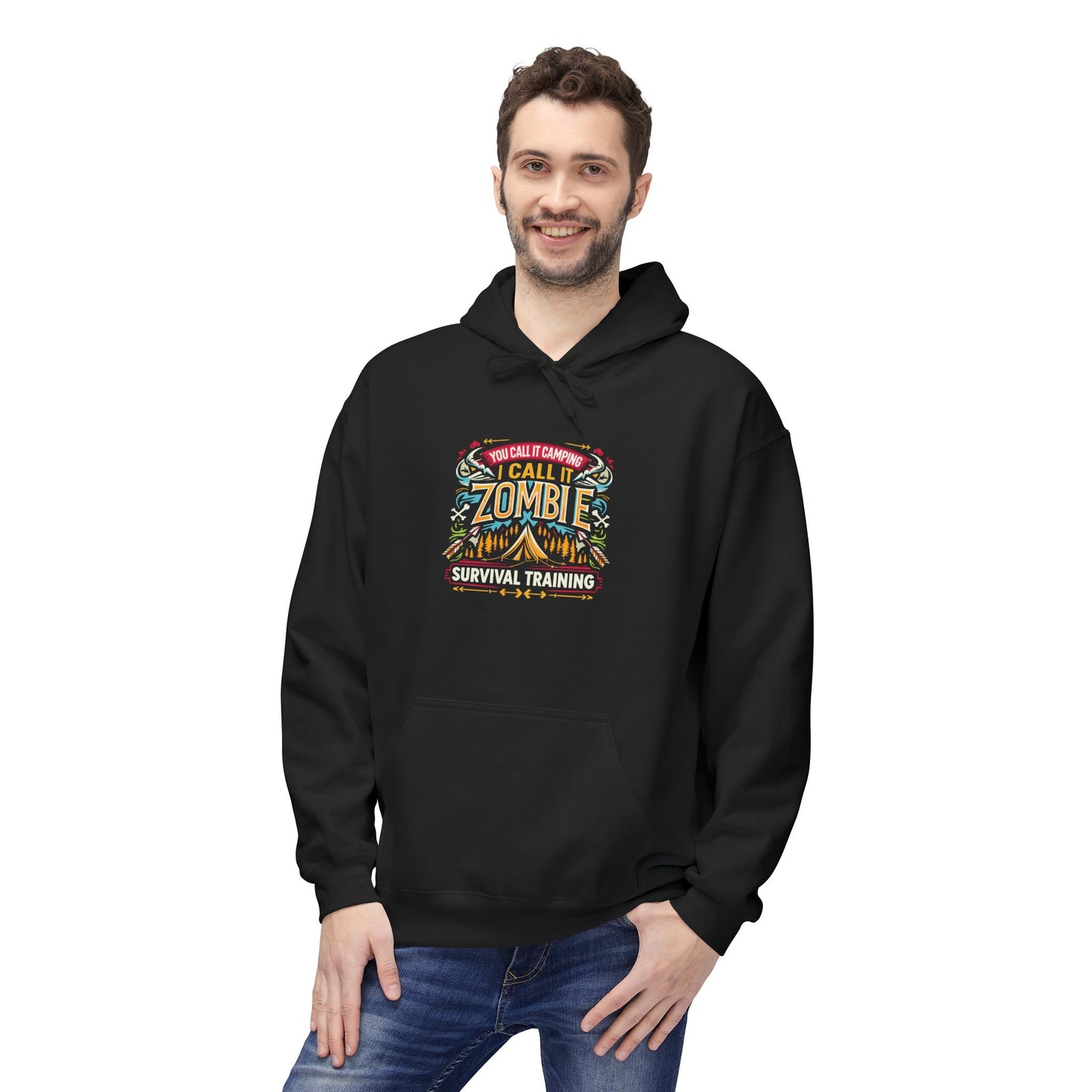 Zombie Survival Training Hoodie — Retro Tropical Camping Graphic