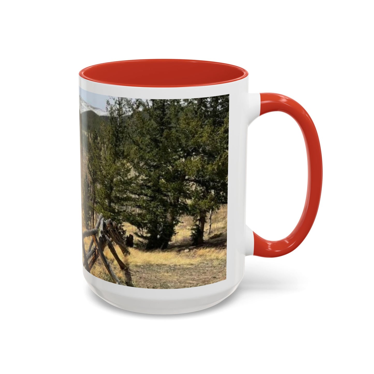 Empire Colorado Mountains Accent Coffee Mug — Scenic Pine Forest & Rustic Fence 11oz/15oz