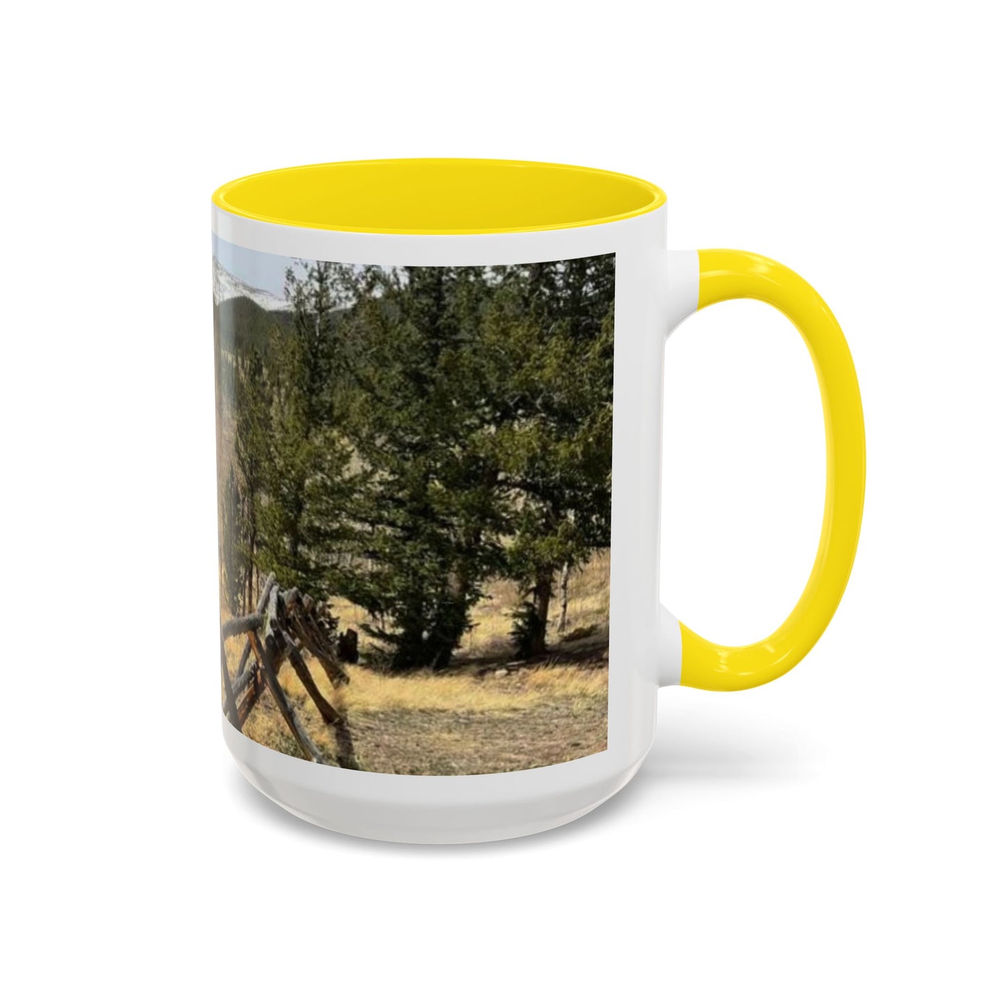 Empire Colorado Mountains Accent Coffee Mug — Scenic Pine Forest & Rustic Fence 11oz/15oz