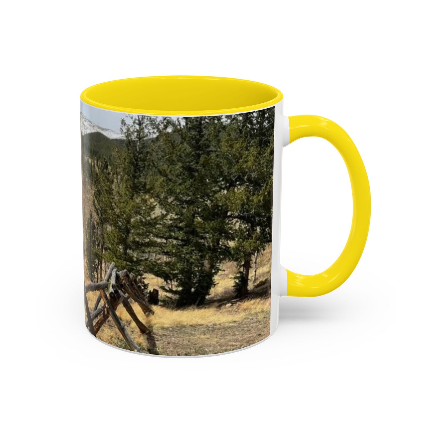 Empire Colorado Mountains Accent Coffee Mug — Scenic Pine Forest & Rustic Fence 11oz/15oz