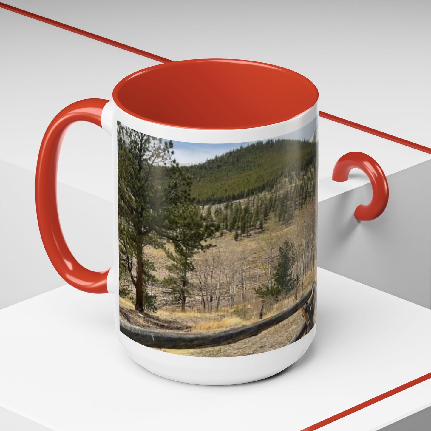 Empire Colorado Mountains Accent Coffee Mug — Scenic Pine Forest & Rustic Fence 11oz/15oz