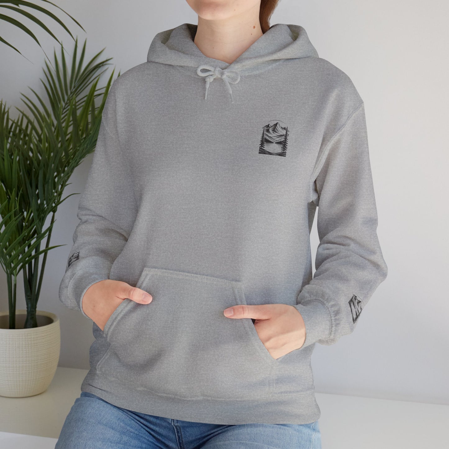 Minimalist 'Mountain Scene Sketch' Hoodie — Small Chest & Sleeve Sketch Print