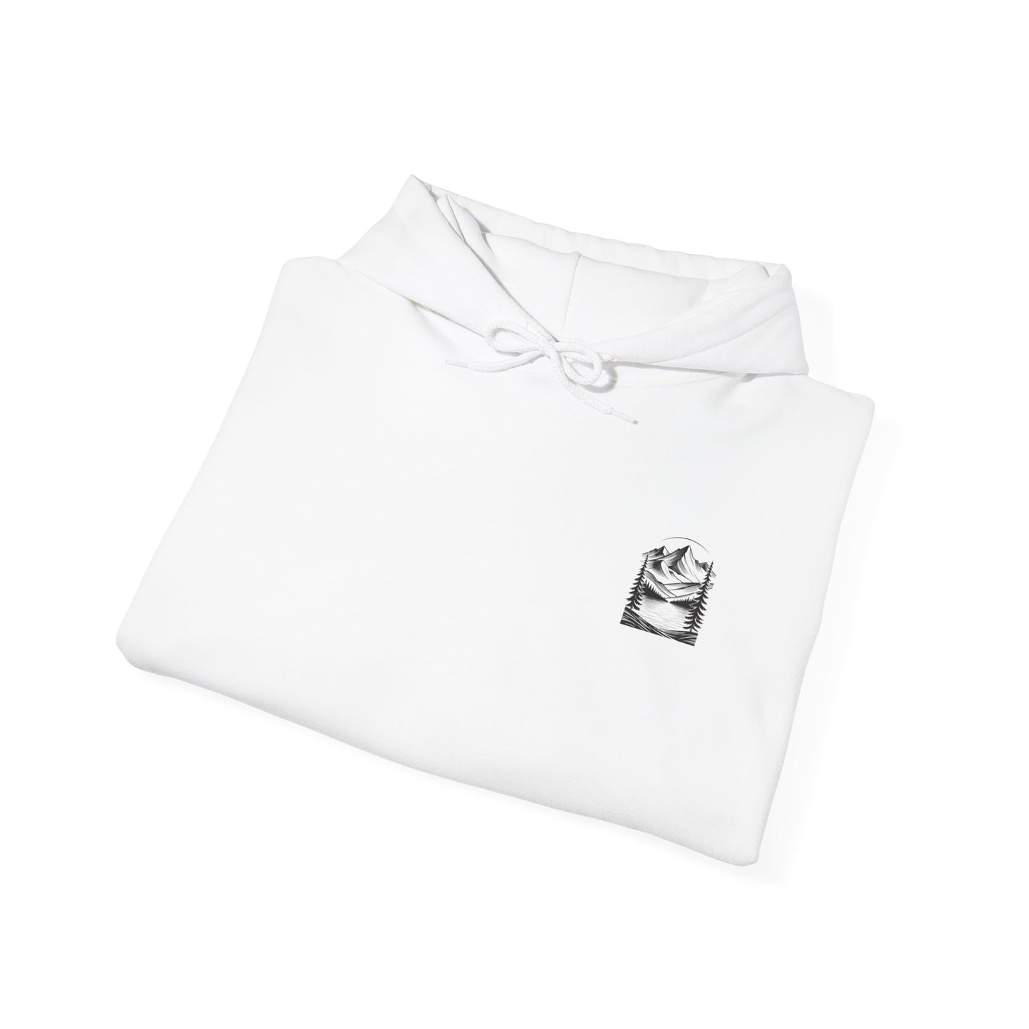 Minimalist 'Mountain Scene Sketch' Hoodie — Small Chest & Sleeve Sketch Print