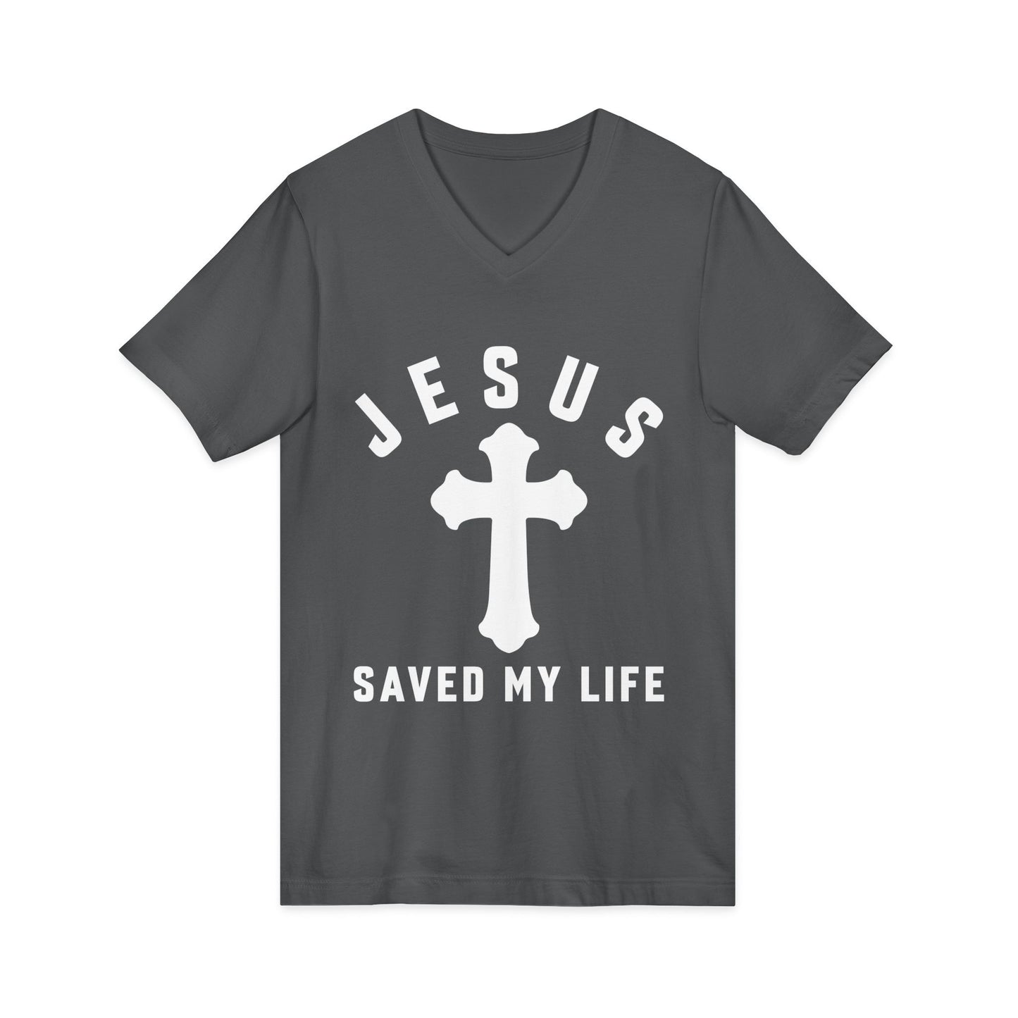 Christian V‑Neck Tee — "Jesus Saved My Life" Cross Faith T‑Shirt