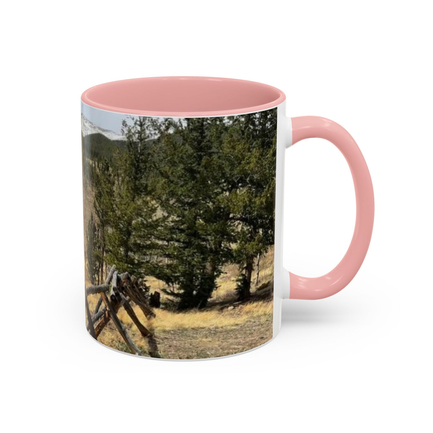 Empire Colorado Mountains Accent Coffee Mug — Scenic Pine Forest & Rustic Fence 11oz/15oz
