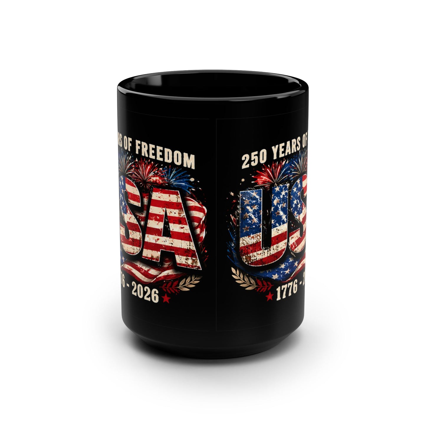 USA 250 Years Freedom Black Mug — 1776–2026 Patriotic Coffee Cup