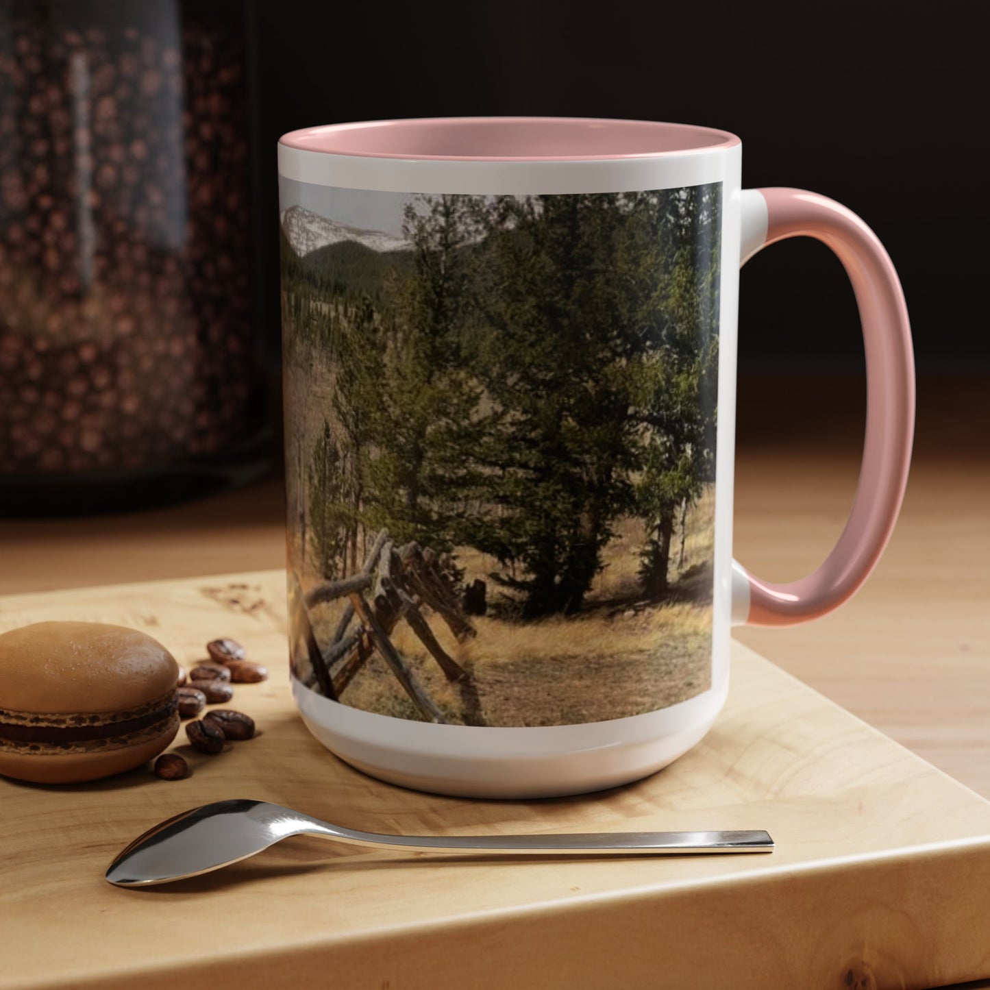 Empire Colorado Mountains Accent Coffee Mug — Scenic Pine Forest & Rustic Fence 11oz/15oz