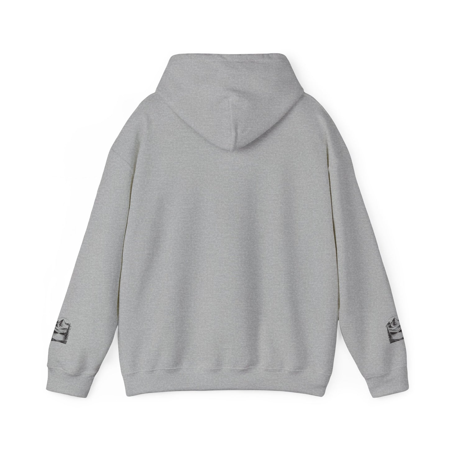 Minimalist 'Mountain Scene Sketch' Hoodie — Small Chest & Sleeve Sketch Print