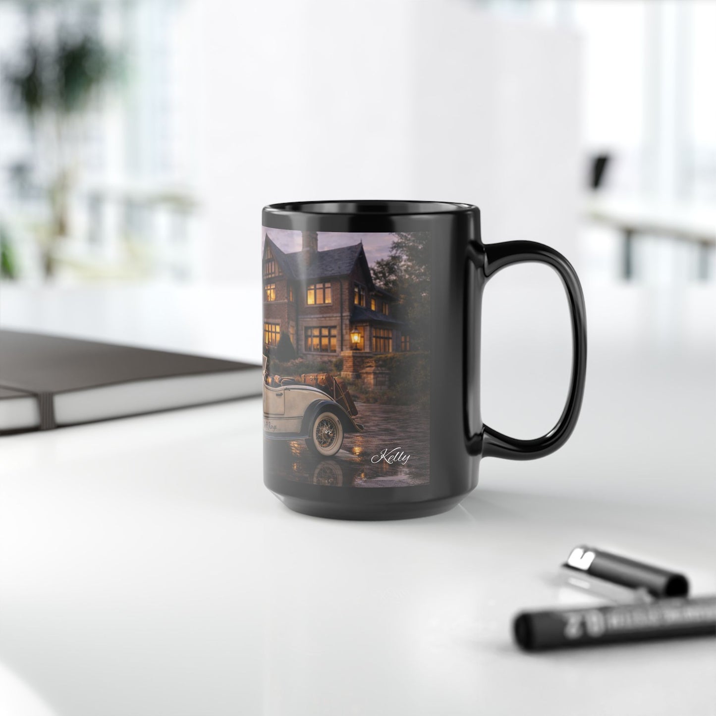 Vintage Convertible Car Scene 15oz Black Mug — Classic Car & Cozy Mansion Coffee Cup