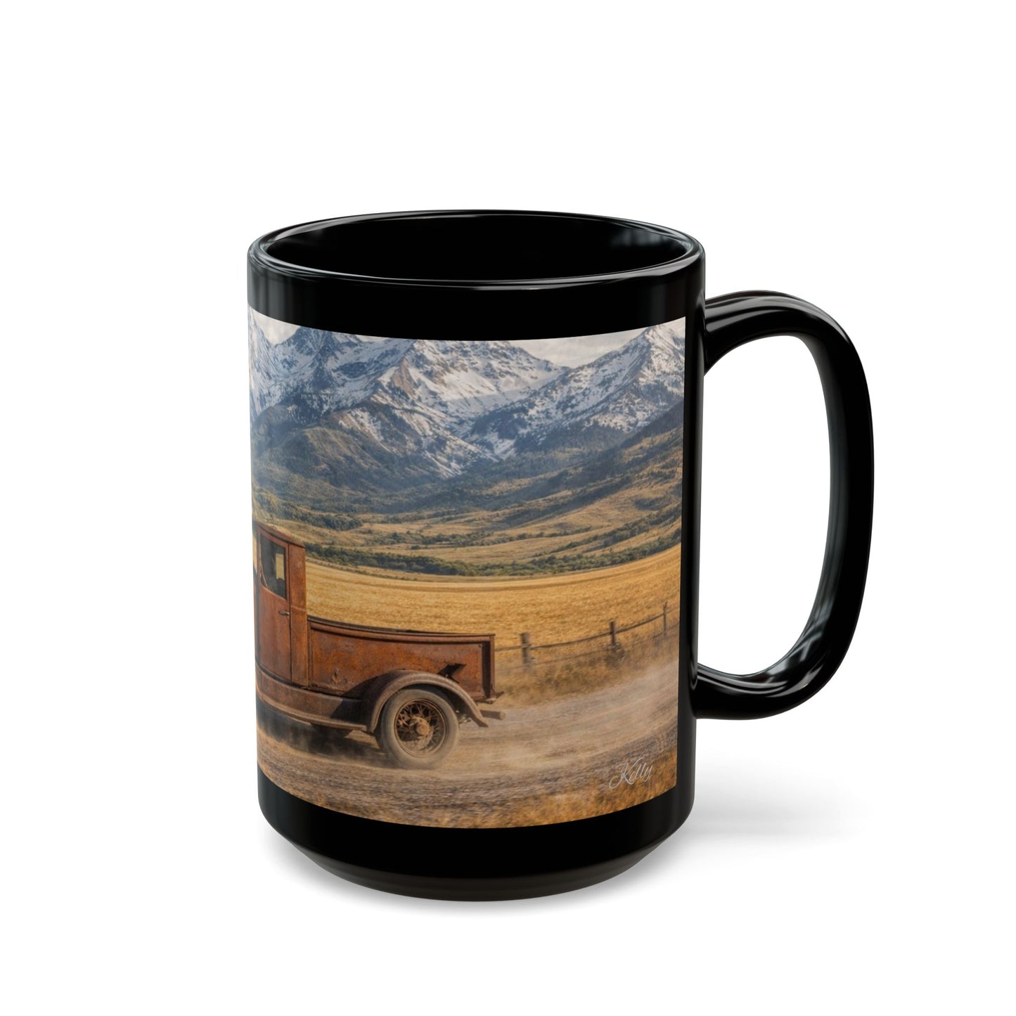 Vintage Pickup Truck Scenic Black Mug — Rustic Mountain Road Coffee Cup (15oz)