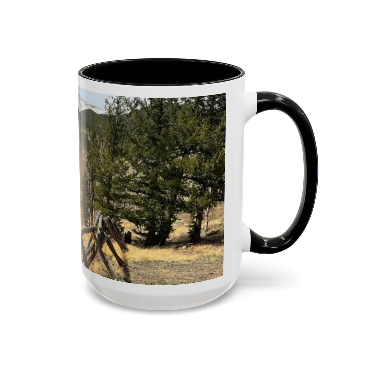 Empire Colorado Mountains Accent Coffee Mug — Scenic Pine Forest & Rustic Fence 11oz/15oz