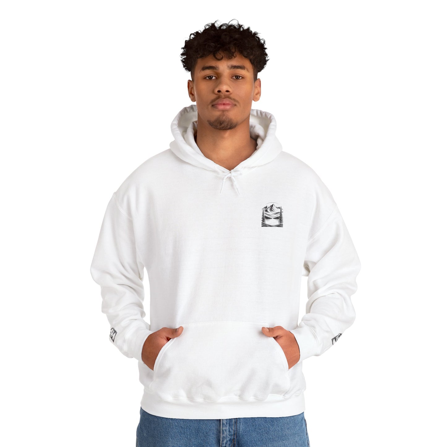 Minimalist 'Mountain Scene Sketch' Hoodie — Small Chest & Sleeve Sketch Print