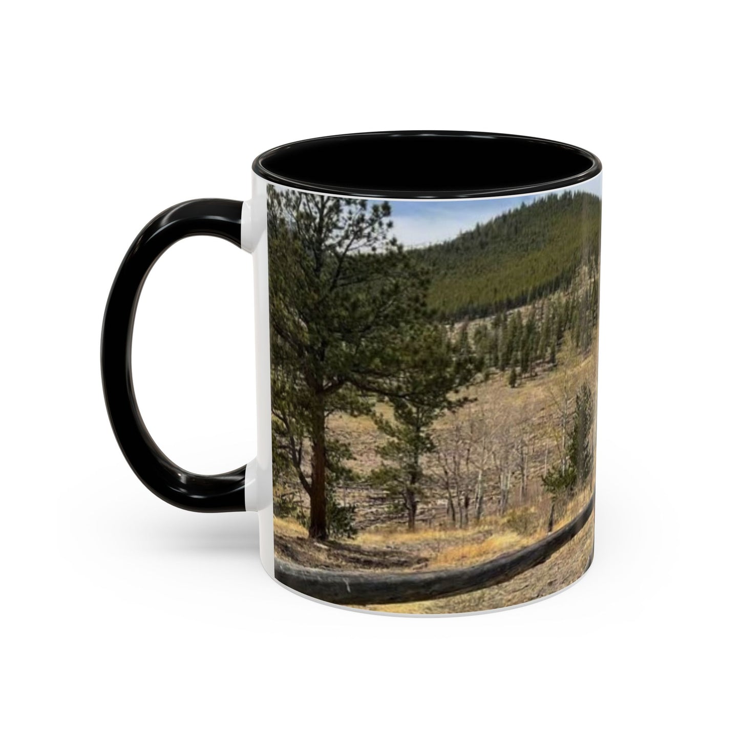 Empire Colorado Mountains Accent Coffee Mug — Scenic Pine Forest & Rustic Fence 11oz/15oz